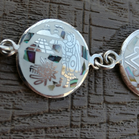 🌱 Native Bracelet-Mayan Symbols Abalone Inlay MEXICO Silver-Vintage - Picture 10 of 17
